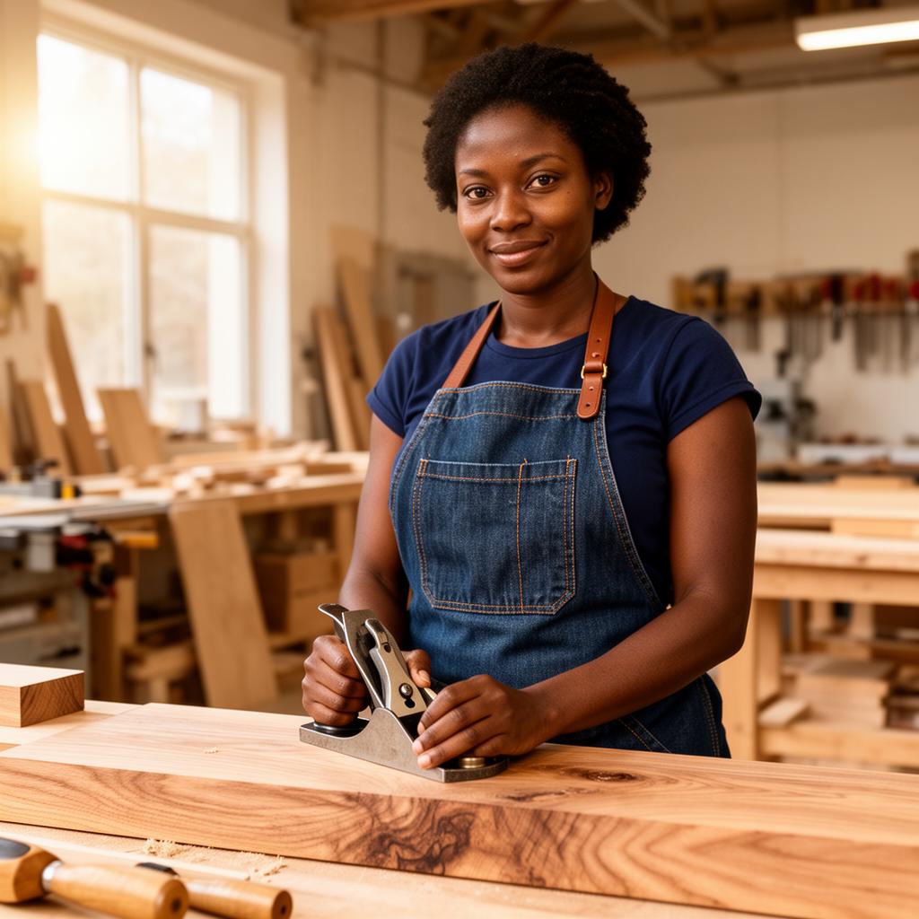 A carpenter at work in her sunlit woodworking studio